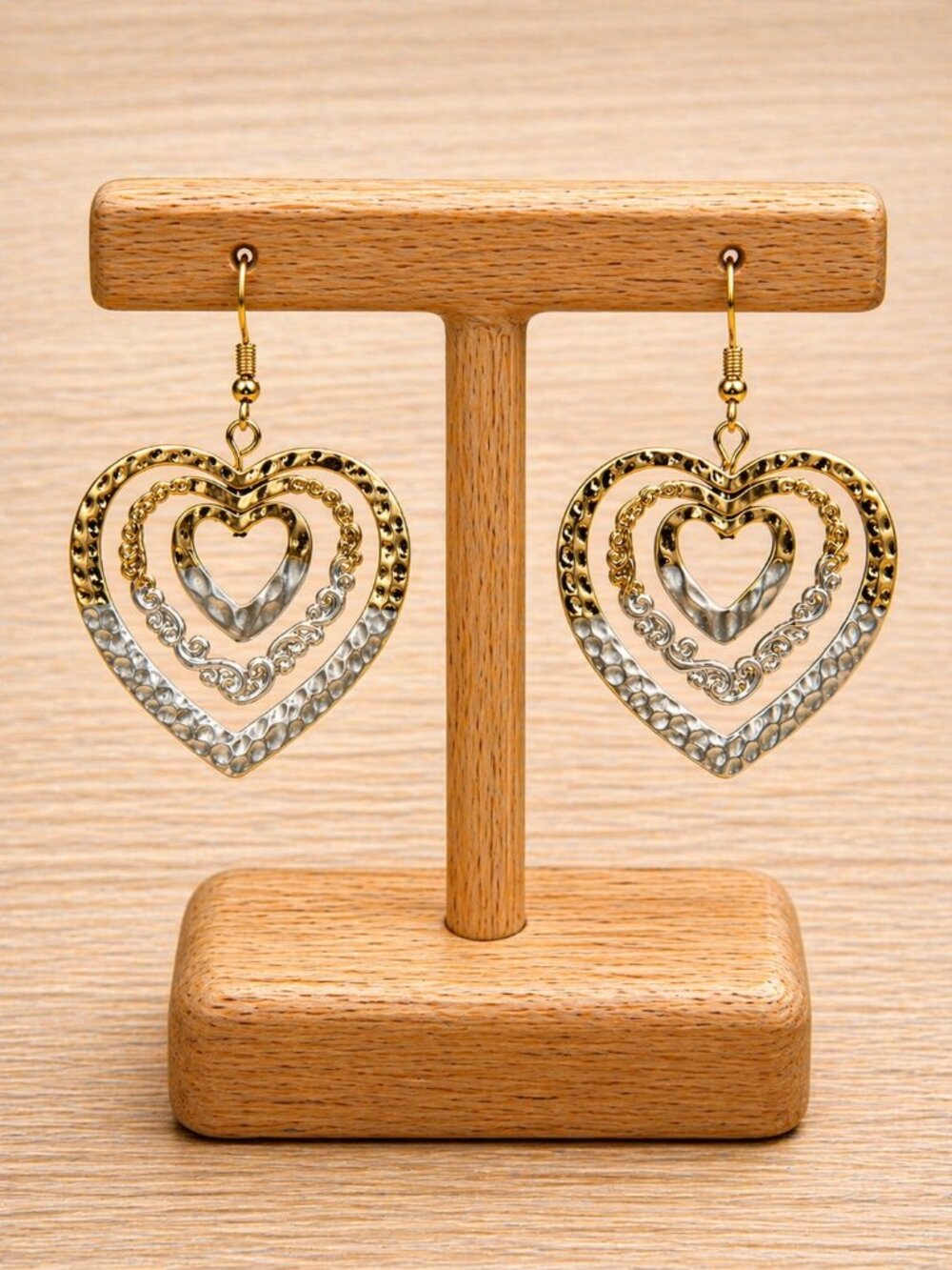 Two-Tone Layered Heart Drop Earrings - Picture 4 of 5